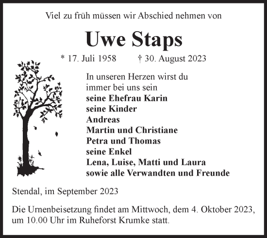 Traueranzeige von Uwe Staps von Volksstimme Altmark Ost