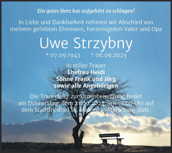 Traueranzeige von Uwe Strzybny von Trauerkombi Merseburg