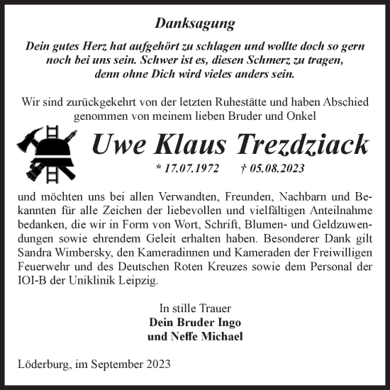 Traueranzeige von Uwe Klaus Trezdziack von Volksstimme Staßfurt