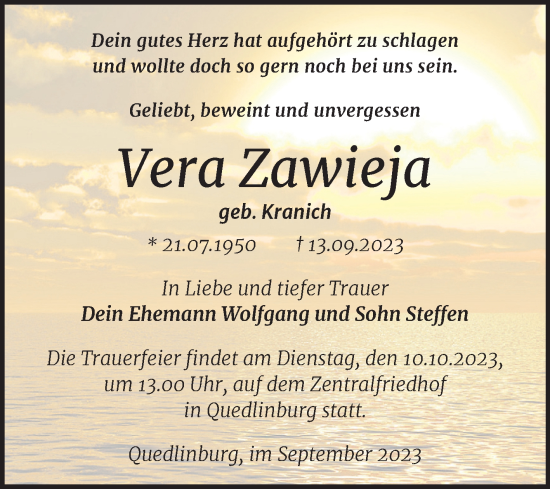 Traueranzeige von Vera Zawieja von Trauerkombi Quedlinburg