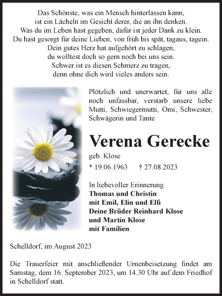 Traueranzeige für Verena Gerecke vom 02.09.2023 aus Volksstimme Altmark Ost