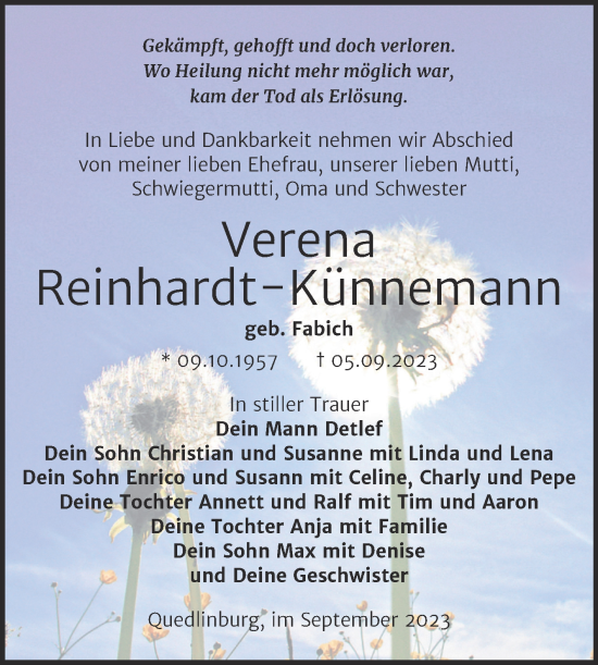 Traueranzeige von Verena Reinhardt-Künnemann von Trauerkombi Quedlinburg