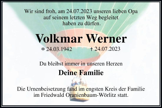 Traueranzeige von Volkmar Werner von Trauerkombi Dessau