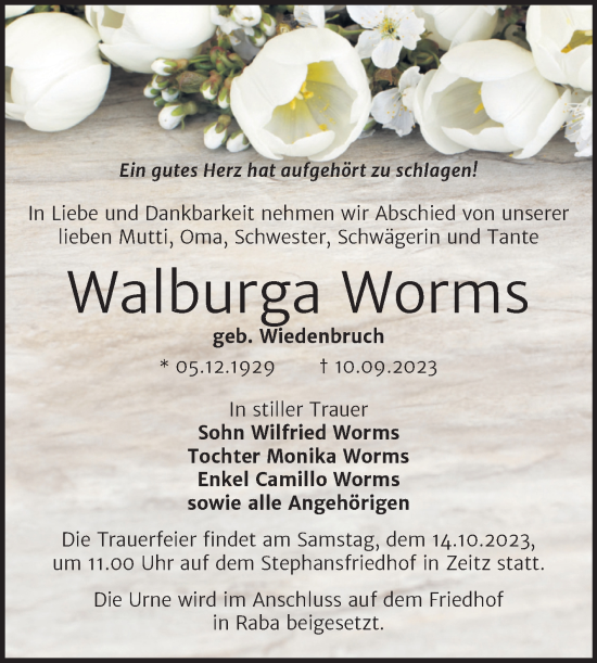 Traueranzeige von Walburga Worms von Trauerkombi Zeitz