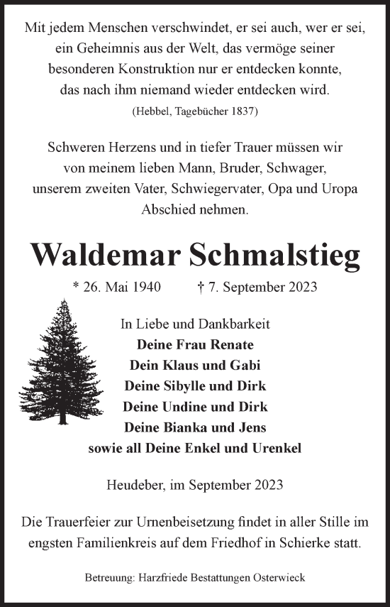 Traueranzeige von Waldemar Schmalstieg von Volksstimme Wernigerode
