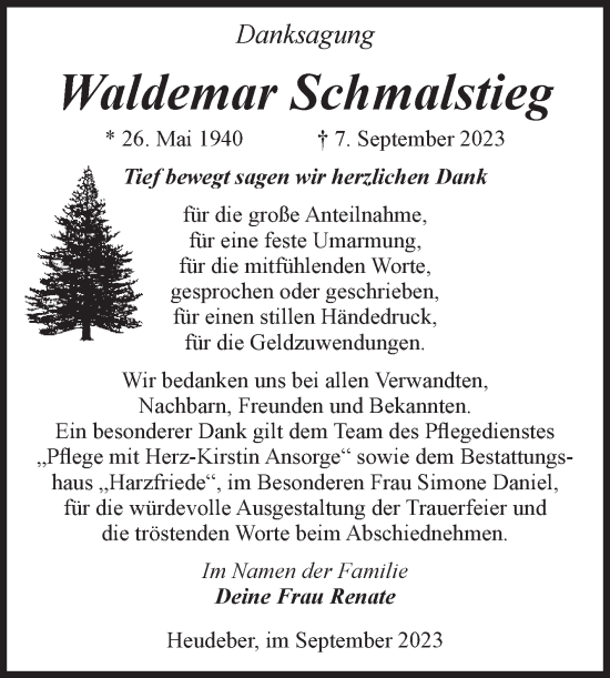 Traueranzeige von Waldemar Schmalstieg von Volksstimme Wernigerode