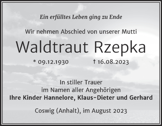 Traueranzeige von Waldtraut Rzepka von Trauerkombi Wittenberg