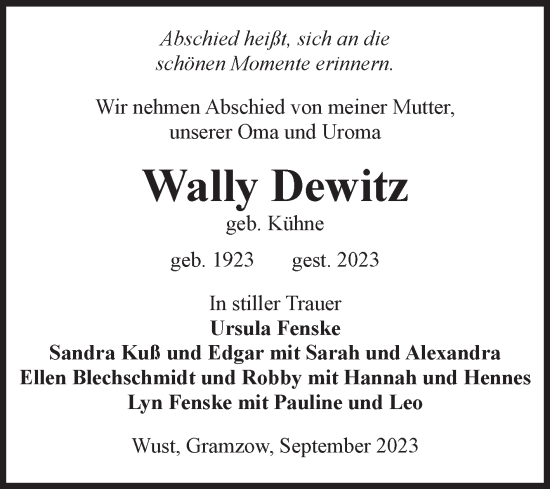 Traueranzeige von Wally Dewitz von Volksstimme Altmark Ost