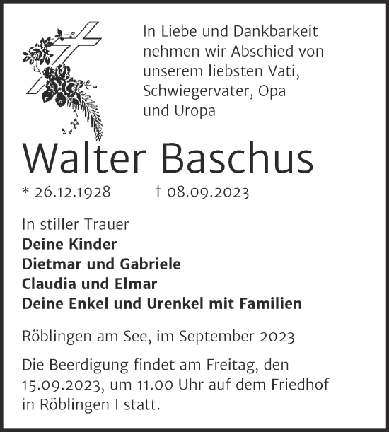 Traueranzeige von Walter Baschus von Mitteldeutsche Zeitung Mansfelder Land