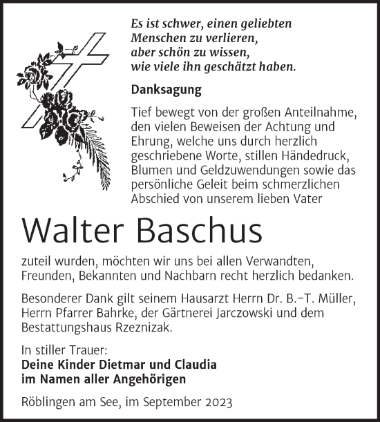 Traueranzeige von Walter Baschus von Trauerkombi Mansfelder Land