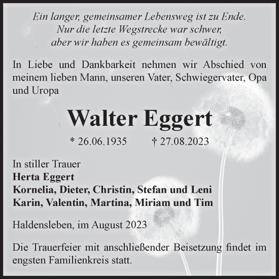 Traueranzeige von Walter Eggert von Volksstimme Haldensleben/Wolmirstedt