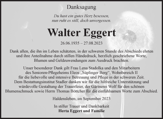 Traueranzeige von Walter Eggert von Volksstimme Haldensleben/Wolmirstedt