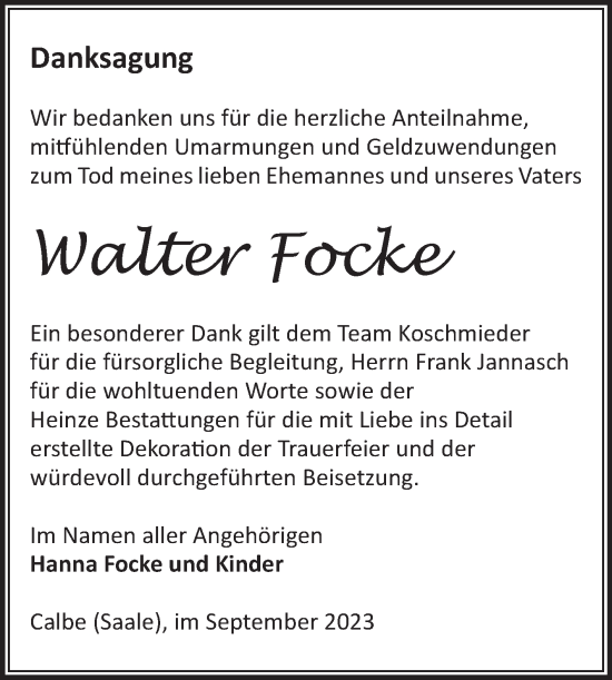 Traueranzeige von Walter Focke von Volksstimme Schönebeck