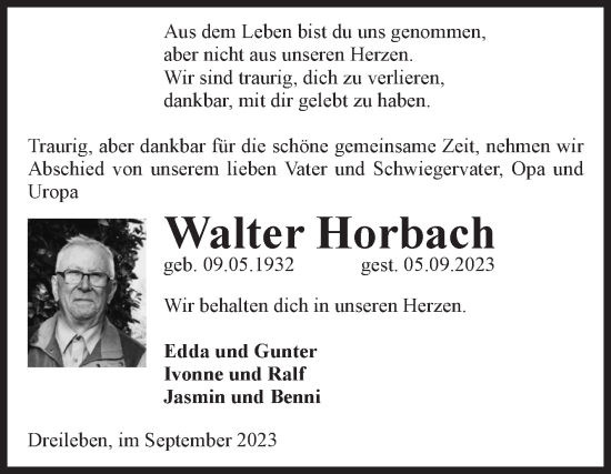 Traueranzeige von Walter Horbach von Volksstimme Oschersleben/Wanzleben