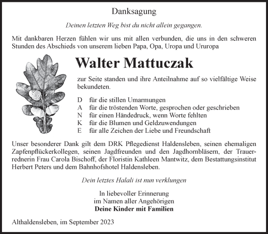 Traueranzeige von Walter Mattuczak von Volksstimme Haldensleben/Wolmirstedt