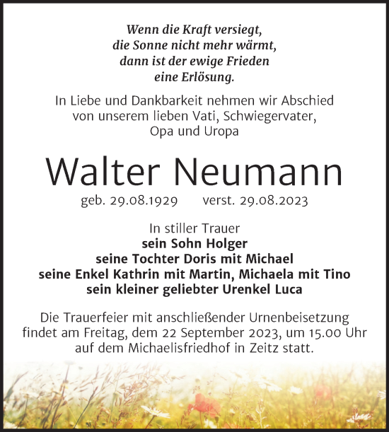 Traueranzeige von Walter Neumann von Trauerkombi Zeitz