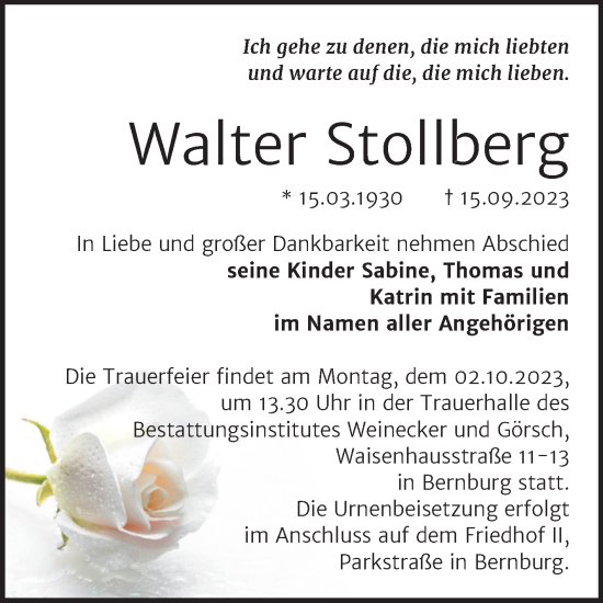Traueranzeige von Walter Stollberg von Trauerkombi Bernburg