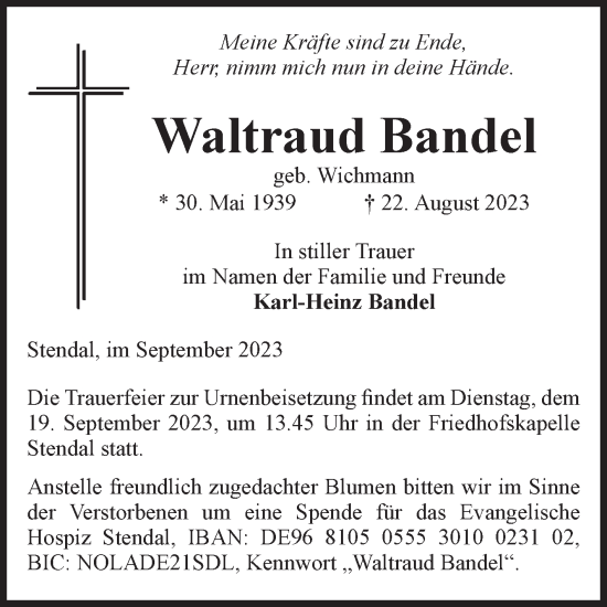 Traueranzeige von Waltraud Bandel von Volksstimme Altmark Ost