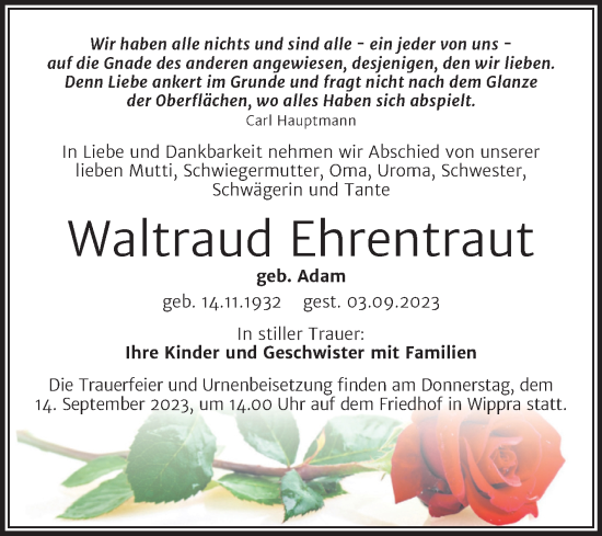 Traueranzeige von Waltraud Ehrentraut von Mitteldeutsche Zeitung Mansfelder Land