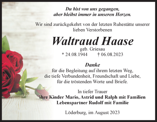 Traueranzeige von Waltraud Haase von Volksstimme Staßfurt