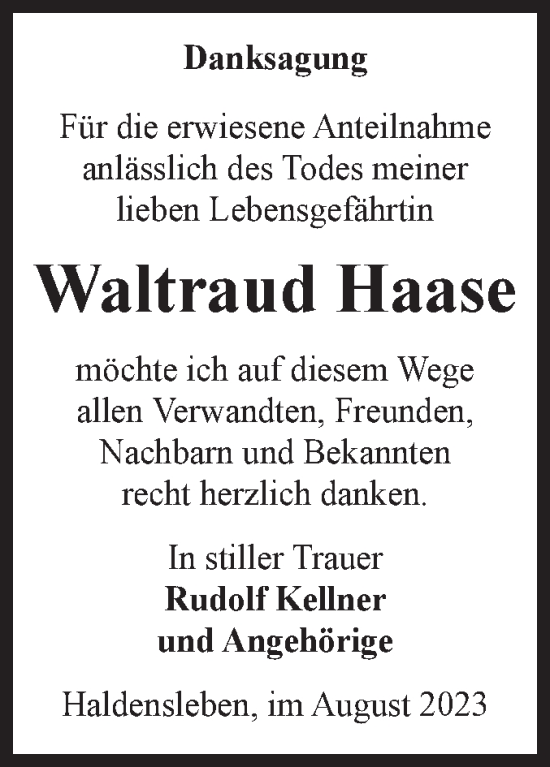 Traueranzeige von Waltraud Haase von Volksstimme Haldensleben/Wolmirstedt