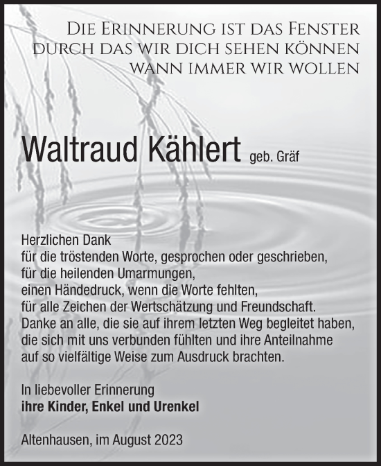 Traueranzeige von Waltraud Kählert von Volksstimme Haldensleben/Wolmirstedt