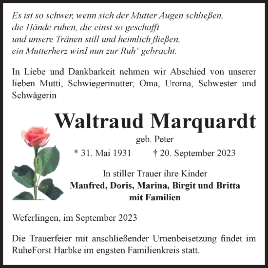 Traueranzeige von Waltraud Marquardt von Volksstimme Haldensleben/Wolmirstedt