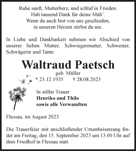 Traueranzeige von Waltraud Paetsch von Volksstimme Altmark Ost