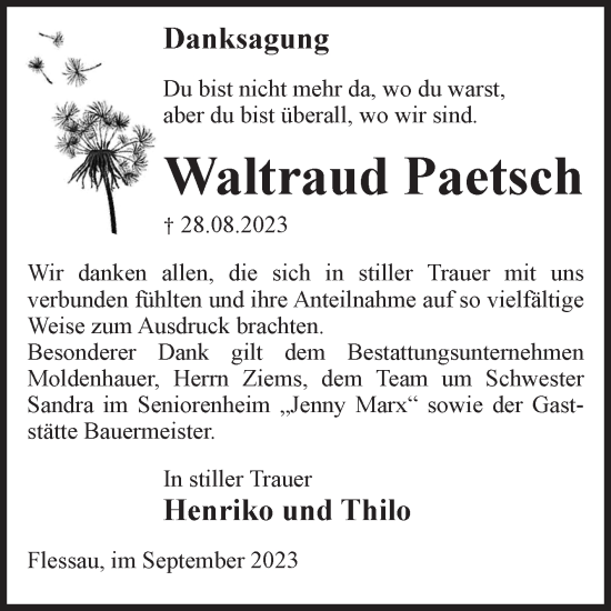 Traueranzeige von Waltraud Paetsch von Volksstimme Altmark Ost