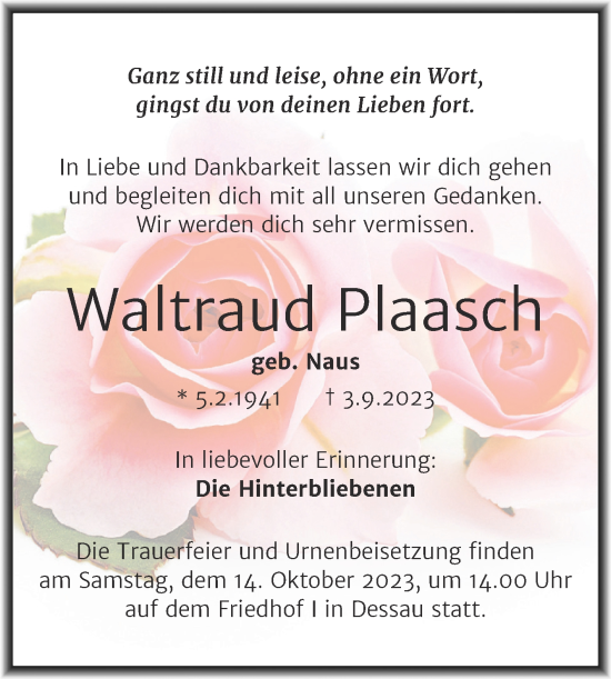 Traueranzeige von Waltraud Plaasch von Trauerkombi Dessau