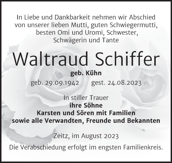 Traueranzeige von Waltraud Schiffer von Trauerkombi Zeitz