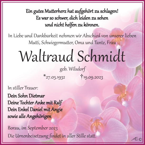 Traueranzeige von Waltraud Schmidt von Trauerkombi Weißenfels