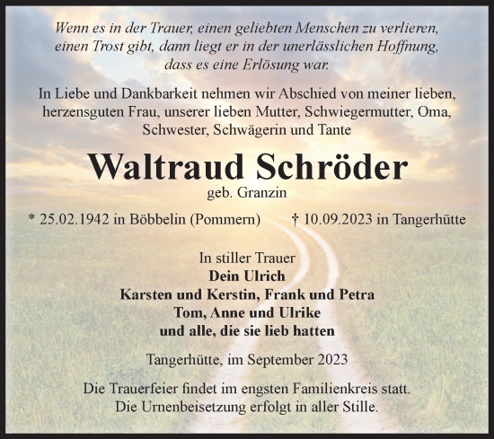 Traueranzeige von Waltraud Schröder von Volksstimme Altmark Ost