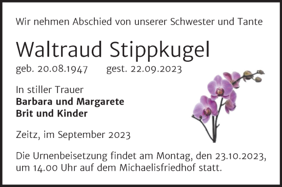 Traueranzeige von Waltraud Stippkugel von Trauerkombi Zeitz
