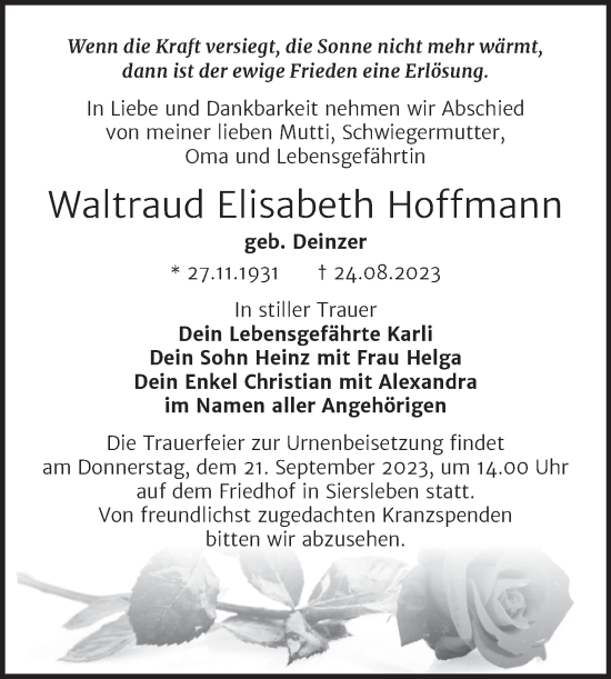 Traueranzeige von Waltraud Elisabeth Hoffmann von Trauerkombi Mansfelder Land