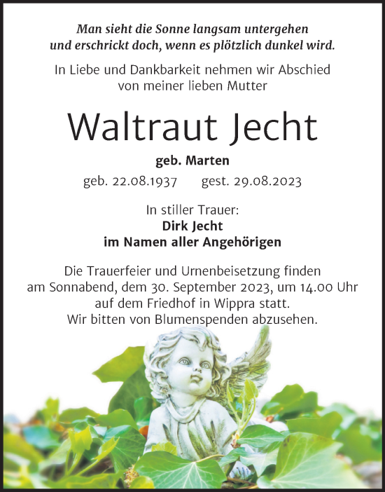 Traueranzeige von Waltraut Jecht von Mitteldeutsche Zeitung Mansfelder Land