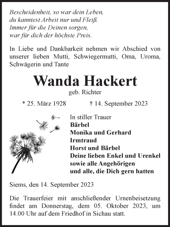 Traueranzeige von Wanda Hackert von Volksstimme Altmark West