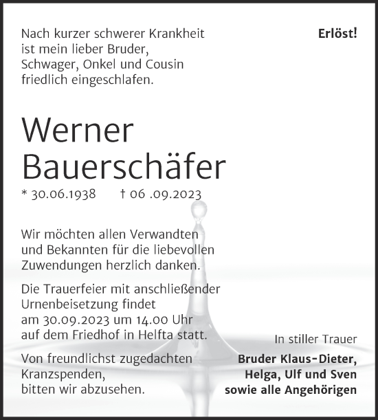 Traueranzeige von Werner Bauerschäfer von Trauerkombi Mansfelder Land