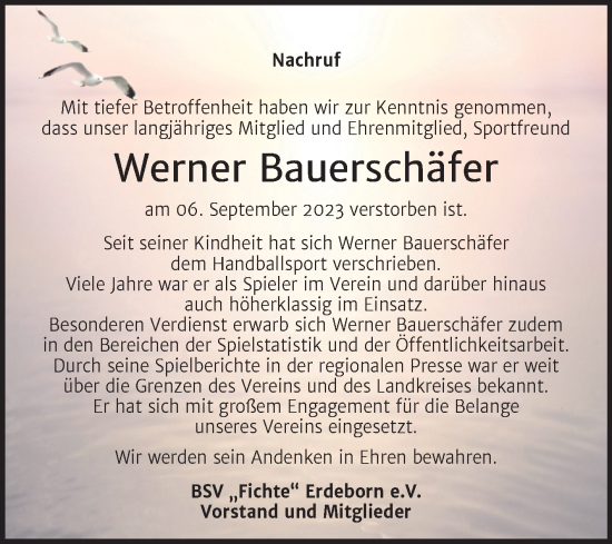 Traueranzeige von Werner Bauerschäfer von Super Sonntag Mansfelder Land