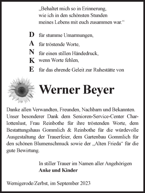 Traueranzeige von Werner Beyer von Volksstimme Wernigerode