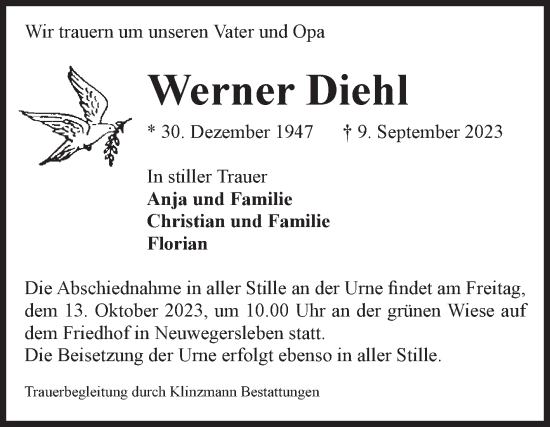 Traueranzeige von Werner Diehl von Volksstimme Oschersleben/Wanzleben