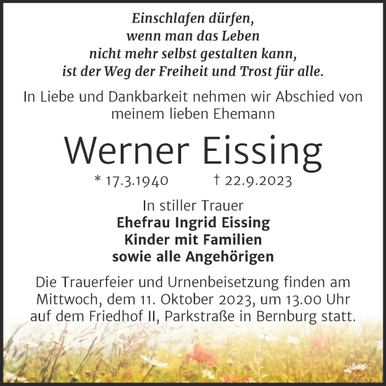 Traueranzeige von Werner Eissing von Trauerkombi Bernburg