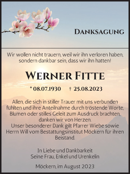 Traueranzeige von Werner Fitte von Volksstimme Burg/Genthin