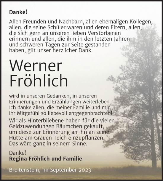 Traueranzeige von Werner Fröhlich von Trauerkombi Sangerhausen