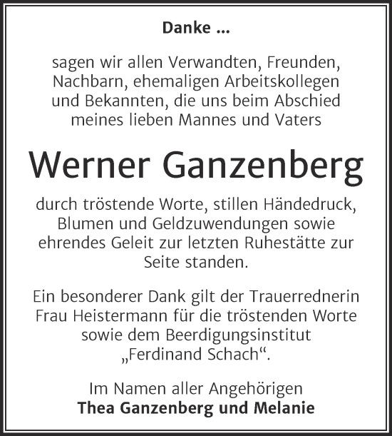 Traueranzeige von Werner Ganzenberg von Trauerkombi Wittenberg