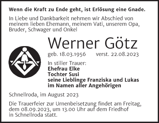 Traueranzeige von Werner Götz von Trauerkombi Merseburg