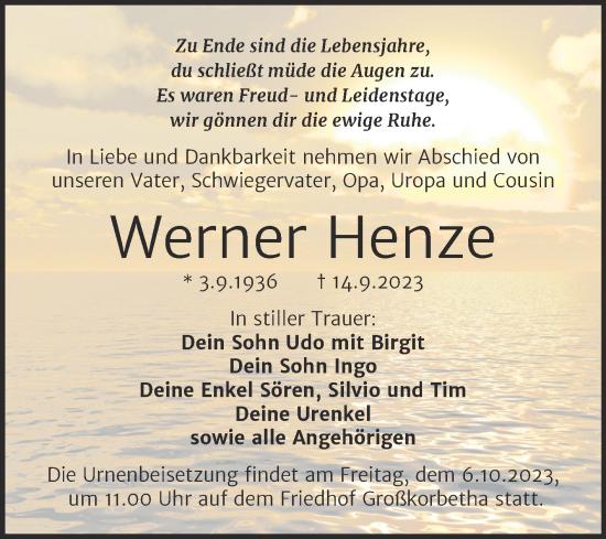 Traueranzeige von Werner Henze von Trauerkombi Weißenfels