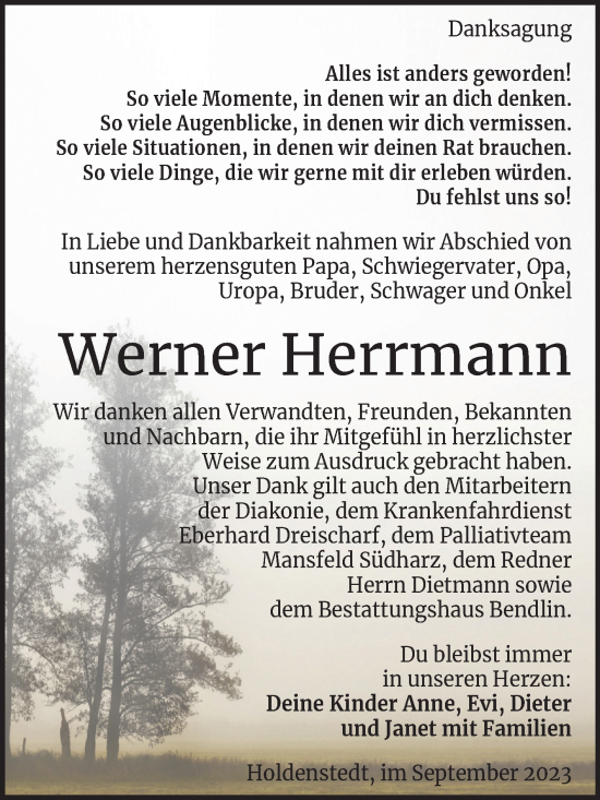 Traueranzeige von Werner Herrmann von Trauerkombi Sangerhausen