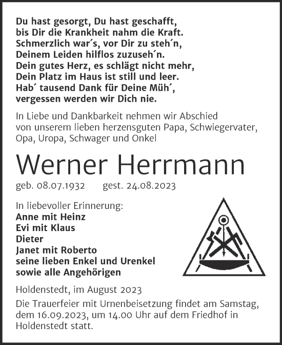 Traueranzeige von Werner Herrmann von Trauerkombi Sangerhausen