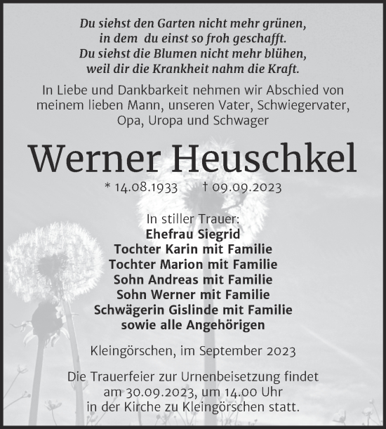 Traueranzeige von Werner Heuschkel von Trauerkombi Weißenfels